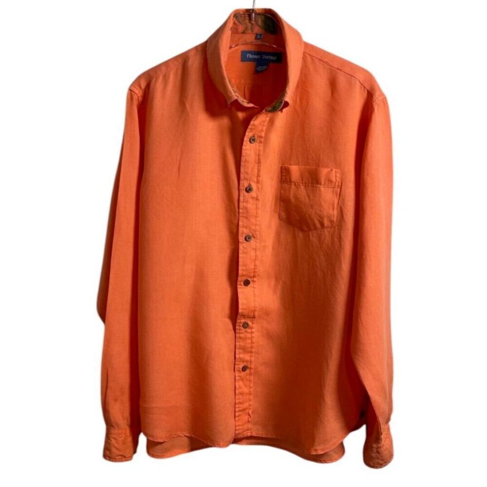 Flusser Vintage Men’s 100% Linen Orange Flip-Cuff Button Down Shirt L